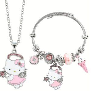 Hello Kitty Charm Bracelet & Necklace Set Silver & Pink Rhinestone Jewelry Gift